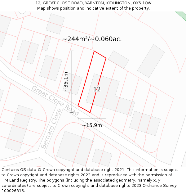 12, GREAT CLOSE ROAD, YARNTON, KIDLINGTON, OX5 1QW: Plot and title map