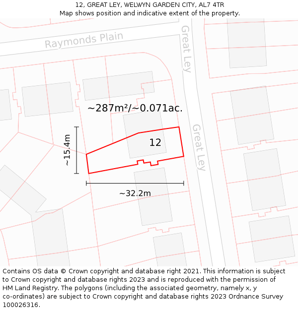 12, GREAT LEY, WELWYN GARDEN CITY, AL7 4TR: Plot and title map