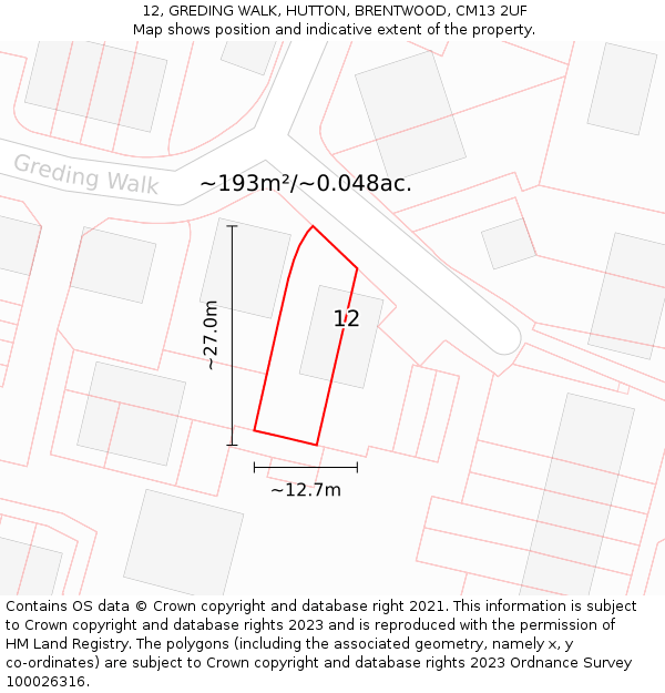 12, GREDING WALK, HUTTON, BRENTWOOD, CM13 2UF: Plot and title map