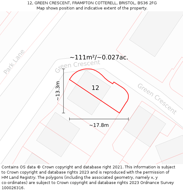 12, GREEN CRESCENT, FRAMPTON COTTERELL, BRISTOL, BS36 2FG: Plot and title map