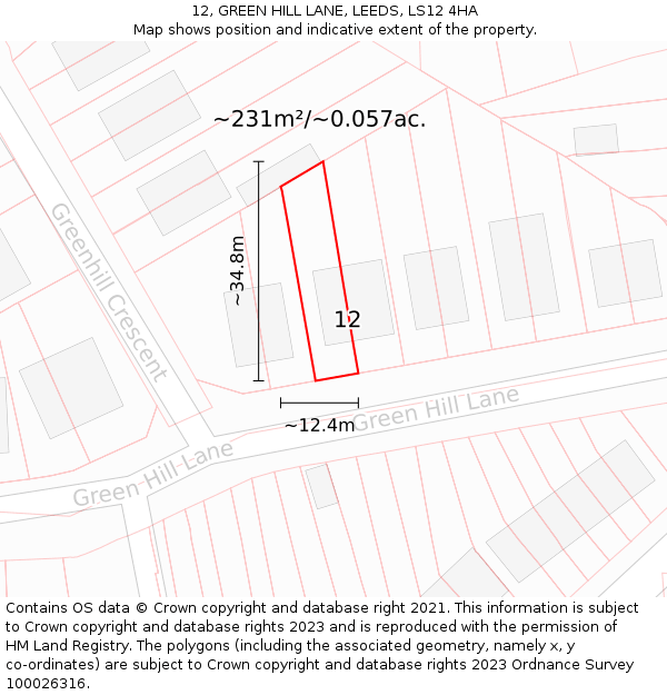 12, GREEN HILL LANE, LEEDS, LS12 4HA: Plot and title map