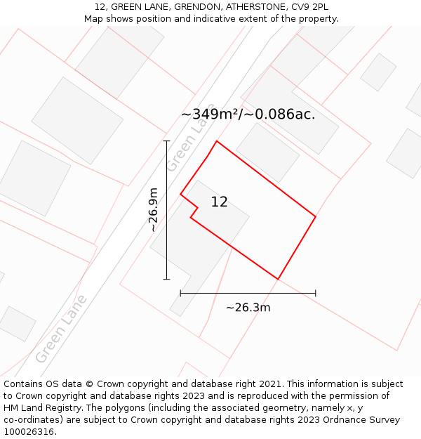 12, GREEN LANE, GRENDON, ATHERSTONE, CV9 2PL: Plot and title map