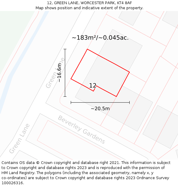 12, GREEN LANE, WORCESTER PARK, KT4 8AF: Plot and title map