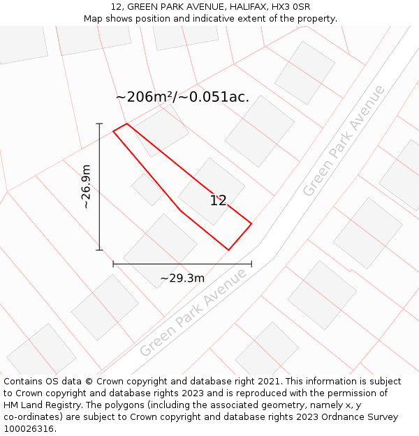 12, GREEN PARK AVENUE, HALIFAX, HX3 0SR: Plot and title map