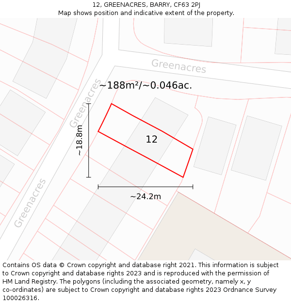 12, GREENACRES, BARRY, CF63 2PJ: Plot and title map