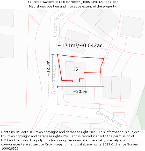 12, GREENACRES, BARTLEY GREEN, BIRMINGHAM, B32 3BF: Plot and title map
