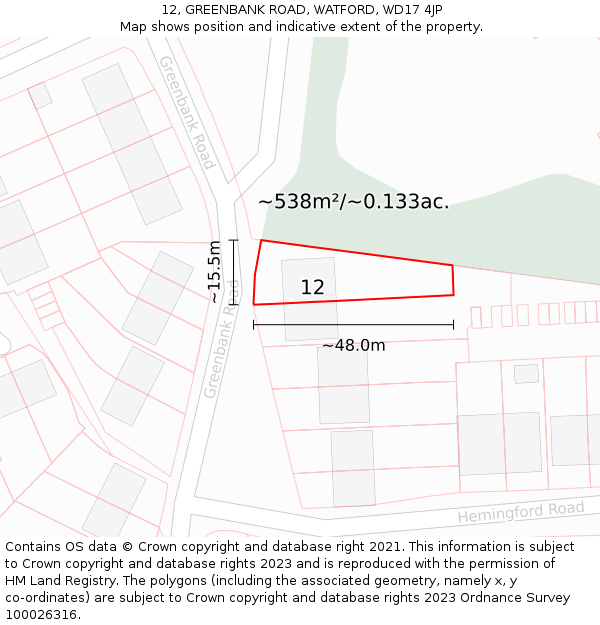 12, GREENBANK ROAD, WATFORD, WD17 4JP: Plot and title map