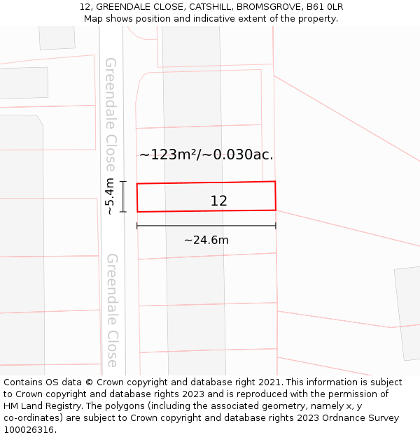 12, GREENDALE CLOSE, CATSHILL, BROMSGROVE, B61 0LR: Plot and title map