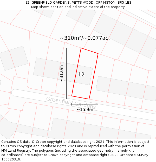 12, GREENFIELD GARDENS, PETTS WOOD, ORPINGTON, BR5 1ES: Plot and title map