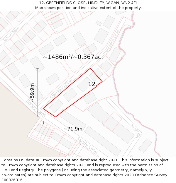 12, GREENFIELDS CLOSE, HINDLEY, WIGAN, WN2 4EL: Plot and title map