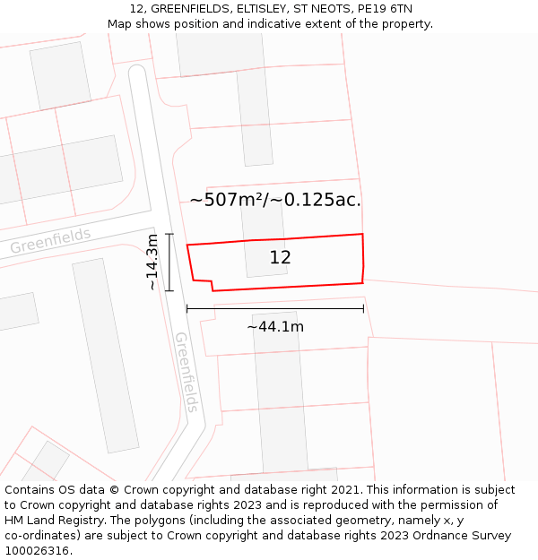12, GREENFIELDS, ELTISLEY, ST NEOTS, PE19 6TN: Plot and title map