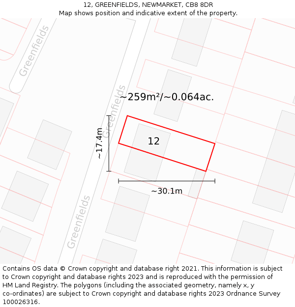 12, GREENFIELDS, NEWMARKET, CB8 8DR: Plot and title map