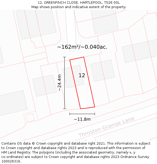 12, GREENFINCH CLOSE, HARTLEPOOL, TS26 0SL: Plot and title map