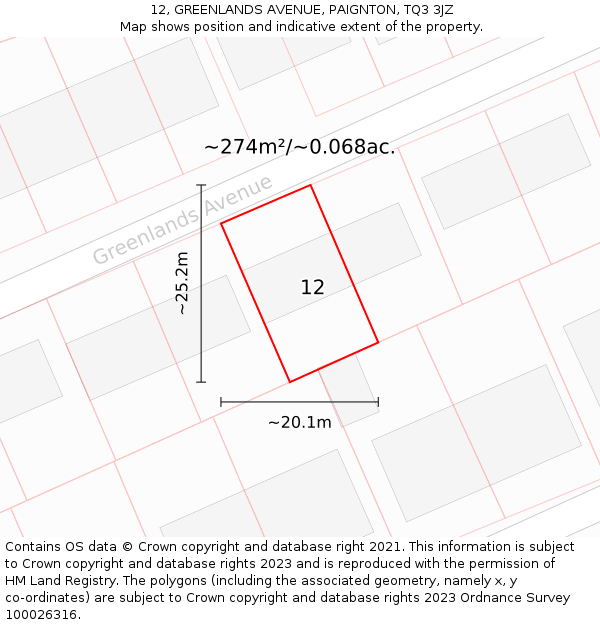 12, GREENLANDS AVENUE, PAIGNTON, TQ3 3JZ: Plot and title map