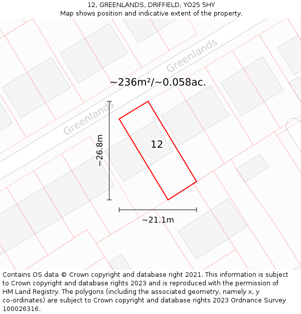 12, GREENLANDS, DRIFFIELD, YO25 5HY: Plot and title map