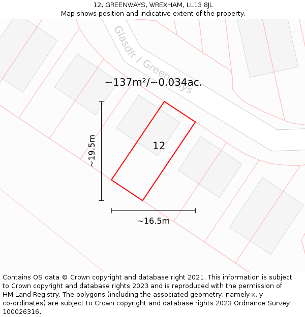 12, GREENWAYS, WREXHAM, LL13 8JL: Plot and title map