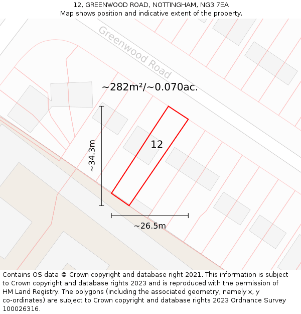 12, GREENWOOD ROAD, NOTTINGHAM, NG3 7EA: Plot and title map