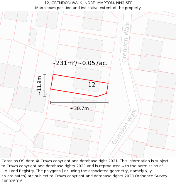 12, GRENDON WALK, NORTHAMPTON, NN3 6EP: Plot and title map