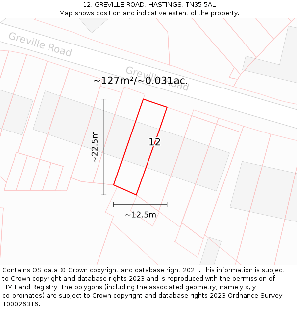 12, GREVILLE ROAD, HASTINGS, TN35 5AL: Plot and title map