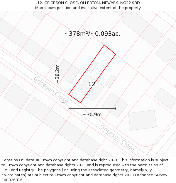 12, GRICESON CLOSE, OLLERTON, NEWARK, NG22 9BD: Plot and title map
