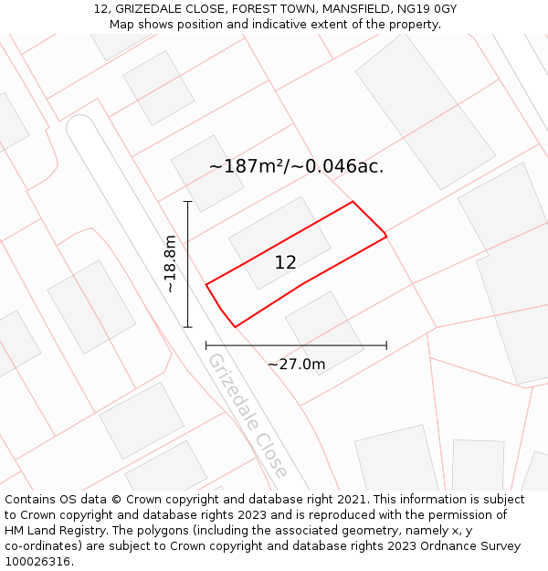 12, GRIZEDALE CLOSE, FOREST TOWN, MANSFIELD, NG19 0GY: Plot and title map