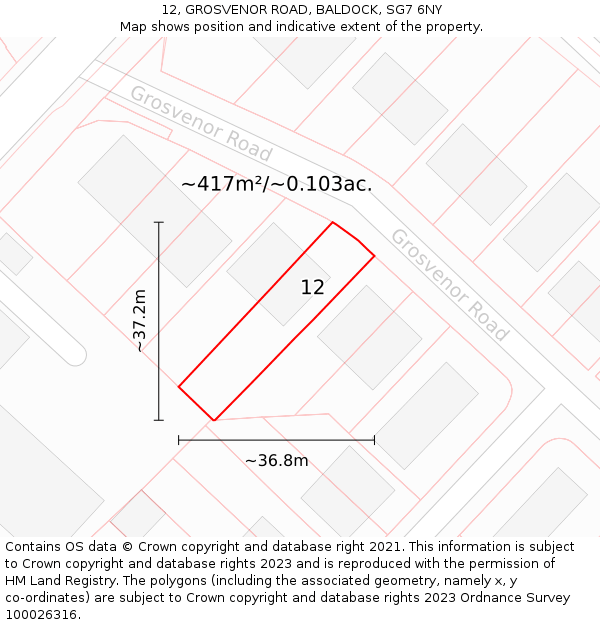 12, GROSVENOR ROAD, BALDOCK, SG7 6NY: Plot and title map