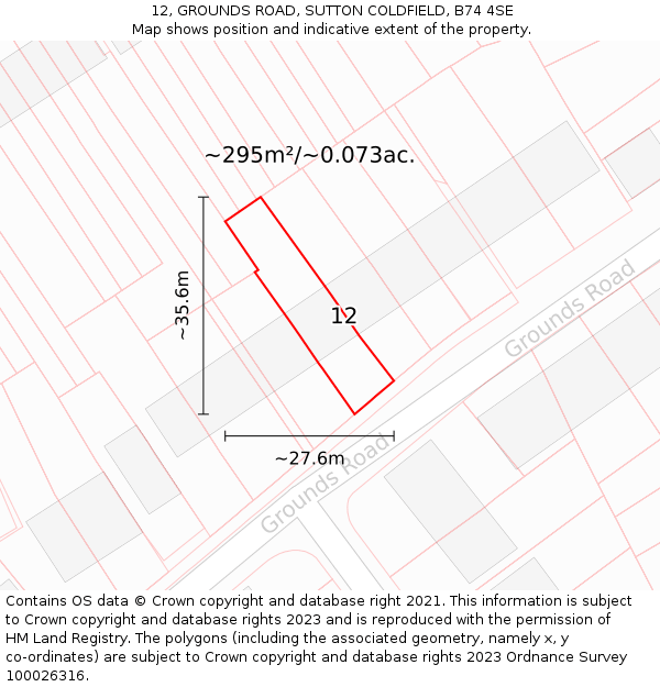 12, GROUNDS ROAD, SUTTON COLDFIELD, B74 4SE: Plot and title map