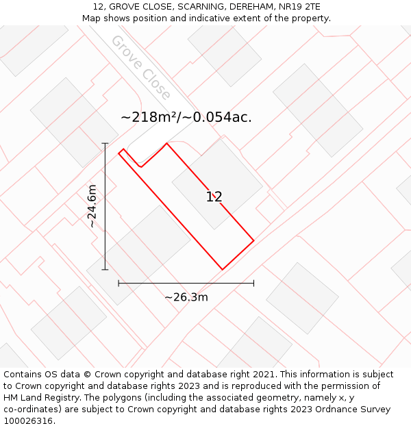 12, GROVE CLOSE, SCARNING, DEREHAM, NR19 2TE: Plot and title map