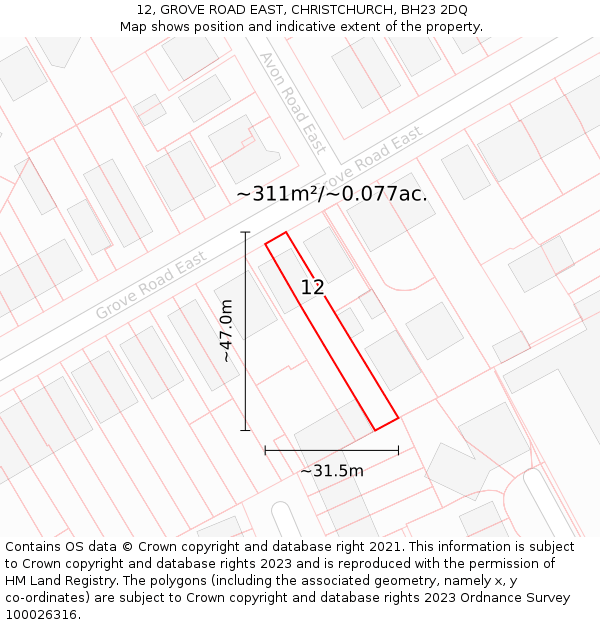 12, GROVE ROAD EAST, CHRISTCHURCH, BH23 2DQ: Plot and title map