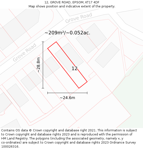12, GROVE ROAD, EPSOM, KT17 4DF: Plot and title map