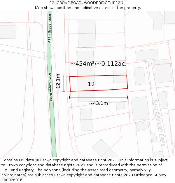 12, GROVE ROAD, WOODBRIDGE, IP12 4LJ: Plot and title map