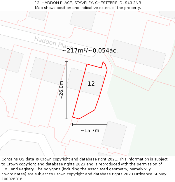 12, HADDON PLACE, STAVELEY, CHESTERFIELD, S43 3NB: Plot and title map