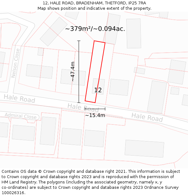 12, HALE ROAD, BRADENHAM, THETFORD, IP25 7RA: Plot and title map