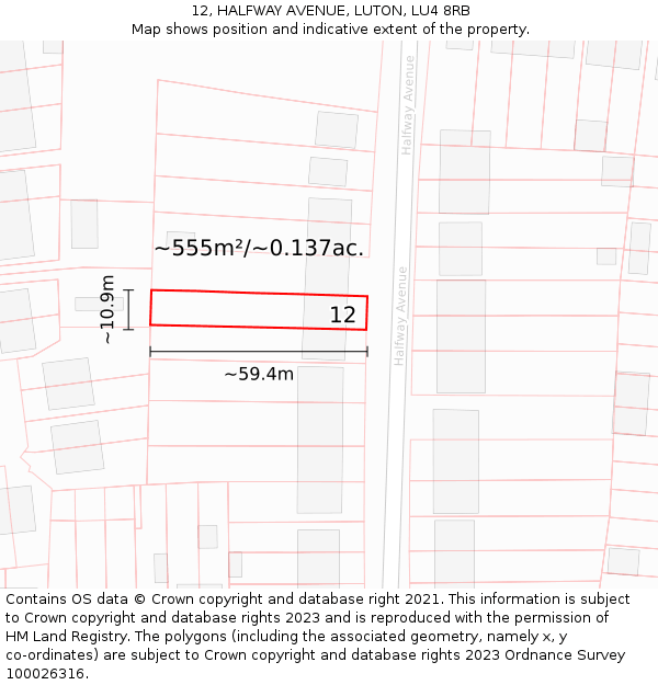 12, HALFWAY AVENUE, LUTON, LU4 8RB: Plot and title map