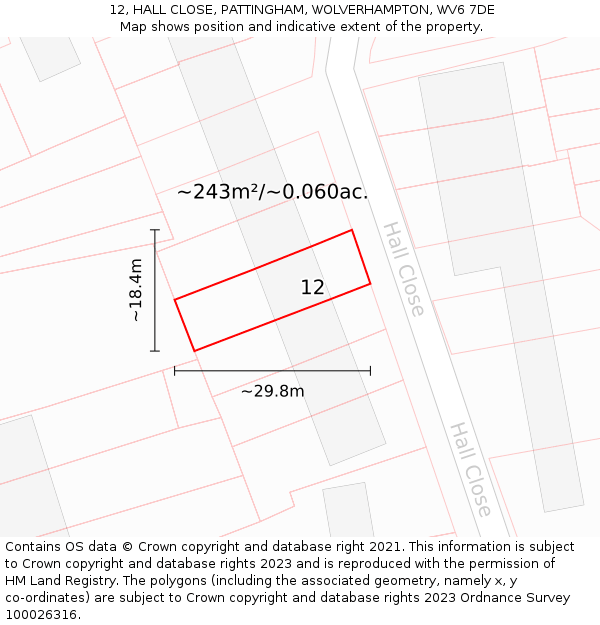 12, HALL CLOSE, PATTINGHAM, WOLVERHAMPTON, WV6 7DE: Plot and title map