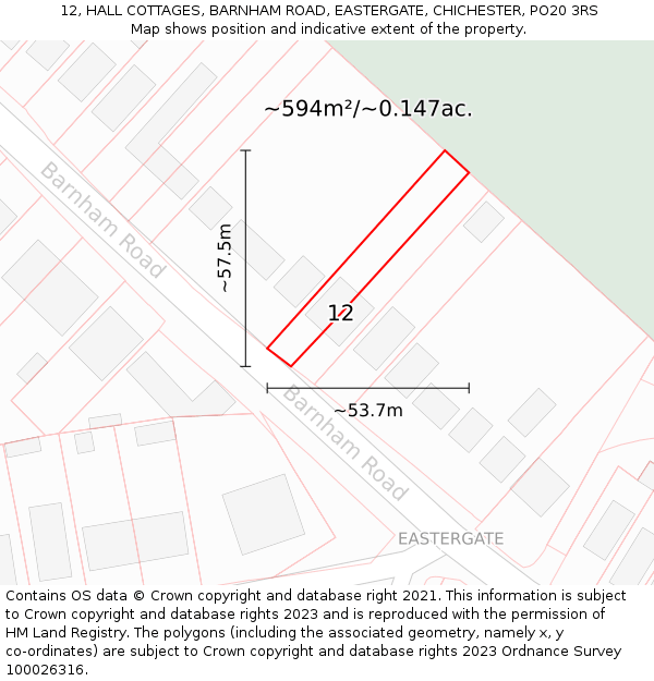 12, HALL COTTAGES, BARNHAM ROAD, EASTERGATE, CHICHESTER, PO20 3RS: Plot and title map