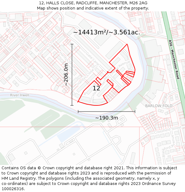 12, HALLS CLOSE, RADCLIFFE, MANCHESTER, M26 2AG: Plot and title map