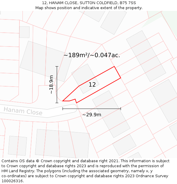 12, HANAM CLOSE, SUTTON COLDFIELD, B75 7SS: Plot and title map