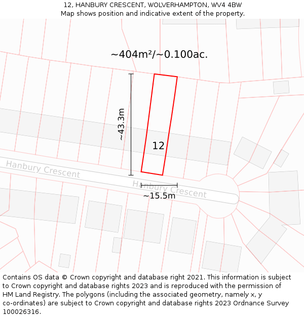 12, HANBURY CRESCENT, WOLVERHAMPTON, WV4 4BW: Plot and title map
