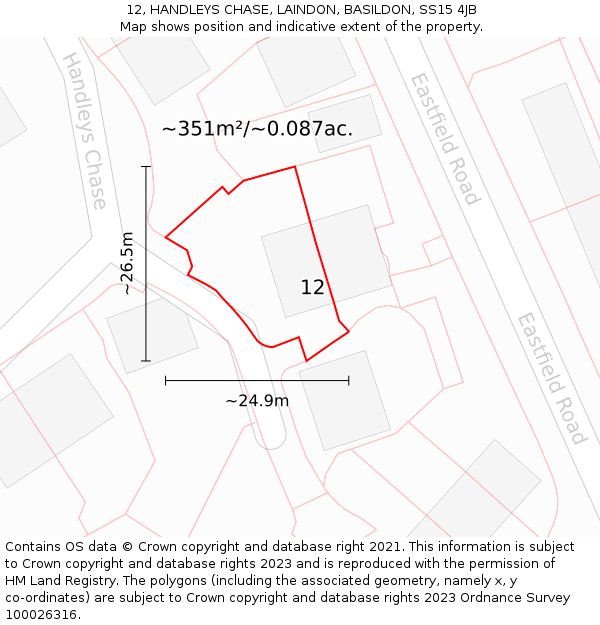 12, HANDLEYS CHASE, LAINDON, BASILDON, SS15 4JB: Plot and title map