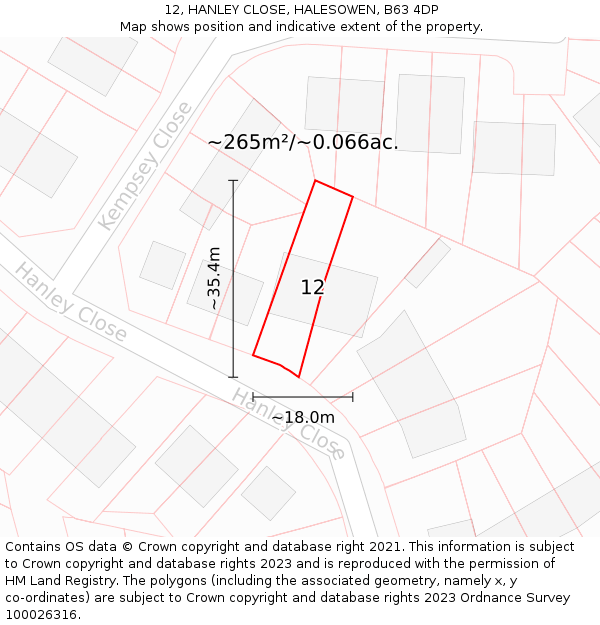 12, HANLEY CLOSE, HALESOWEN, B63 4DP: Plot and title map