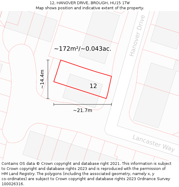 12, HANOVER DRIVE, BROUGH, HU15 1TW: Plot and title map