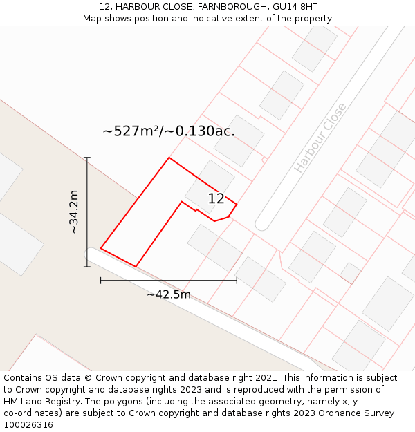 12, HARBOUR CLOSE, FARNBOROUGH, GU14 8HT: Plot and title map