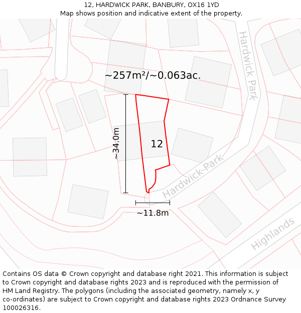 12, HARDWICK PARK, BANBURY, OX16 1YD: Plot and title map