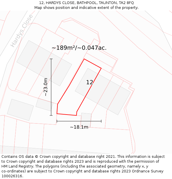 12, HARDYS CLOSE, BATHPOOL, TAUNTON, TA2 8FQ: Plot and title map