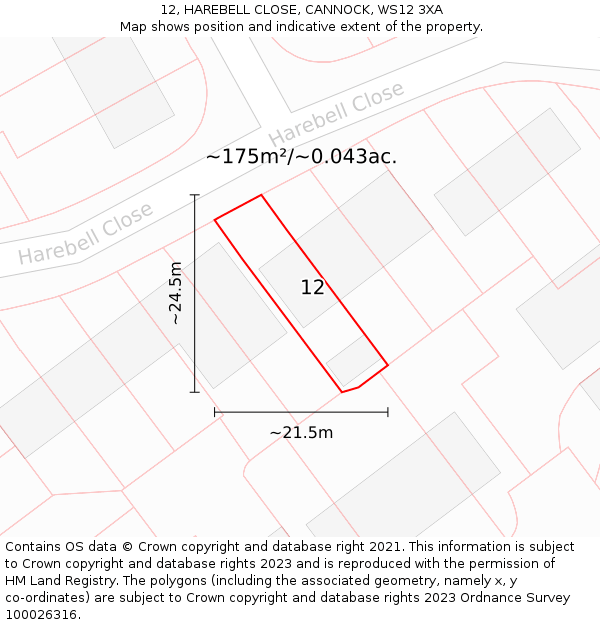 12, HAREBELL CLOSE, CANNOCK, WS12 3XA: Plot and title map