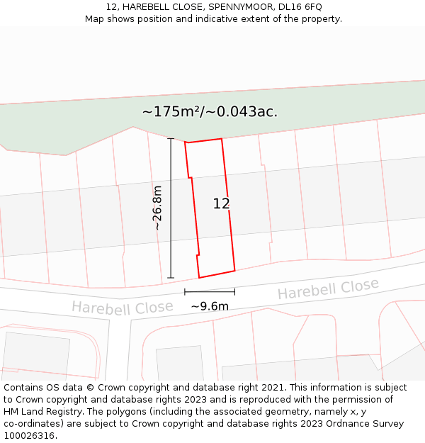 12, HAREBELL CLOSE, SPENNYMOOR, DL16 6FQ: Plot and title map