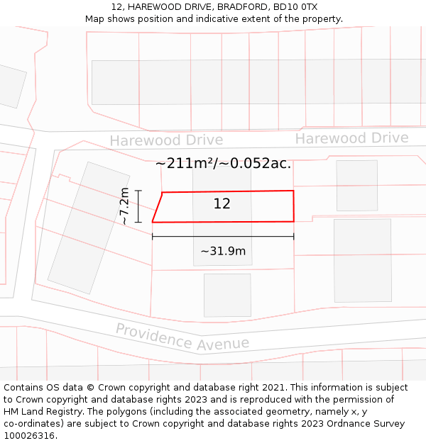 12, HAREWOOD DRIVE, BRADFORD, BD10 0TX: Plot and title map