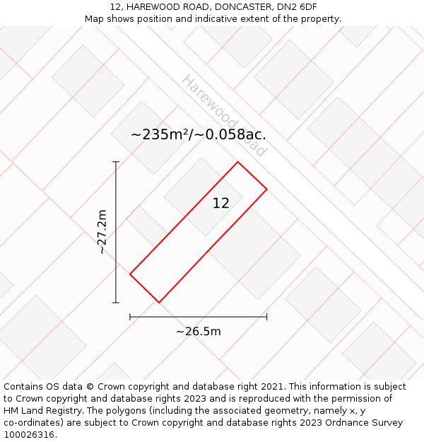 12, HAREWOOD ROAD, DONCASTER, DN2 6DF: Plot and title map