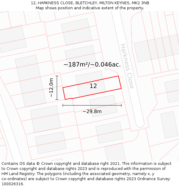 12, HARKNESS CLOSE, BLETCHLEY, MILTON KEYNES, MK2 3NB: Plot and title map